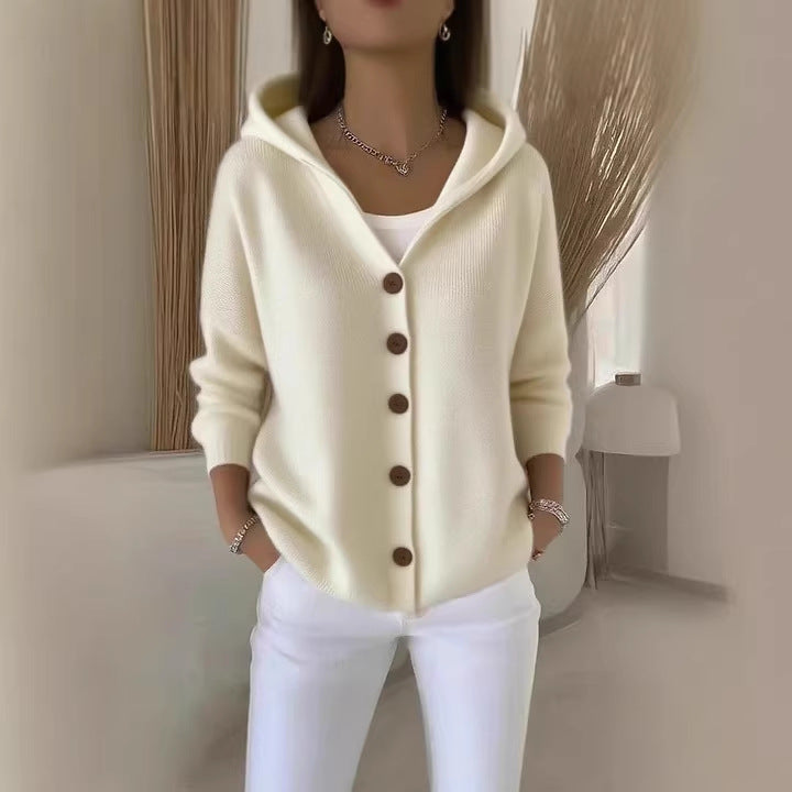 Damen Kapuzen-Cardigan Oversize | Weicher Feinstrick-Cardigan mit Knopfleiste, Eingrifftaschen und lässiger Passform