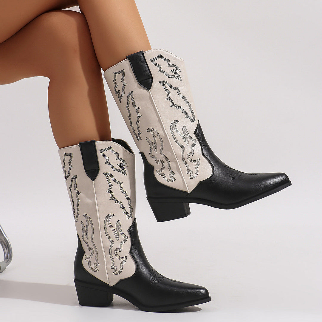 Damen Cowboystiefel mit Stickerei | Wadenhohe Westernstiefel mit Blockabsatz, spitzer Zehenform und gepolsterter Innensohle
