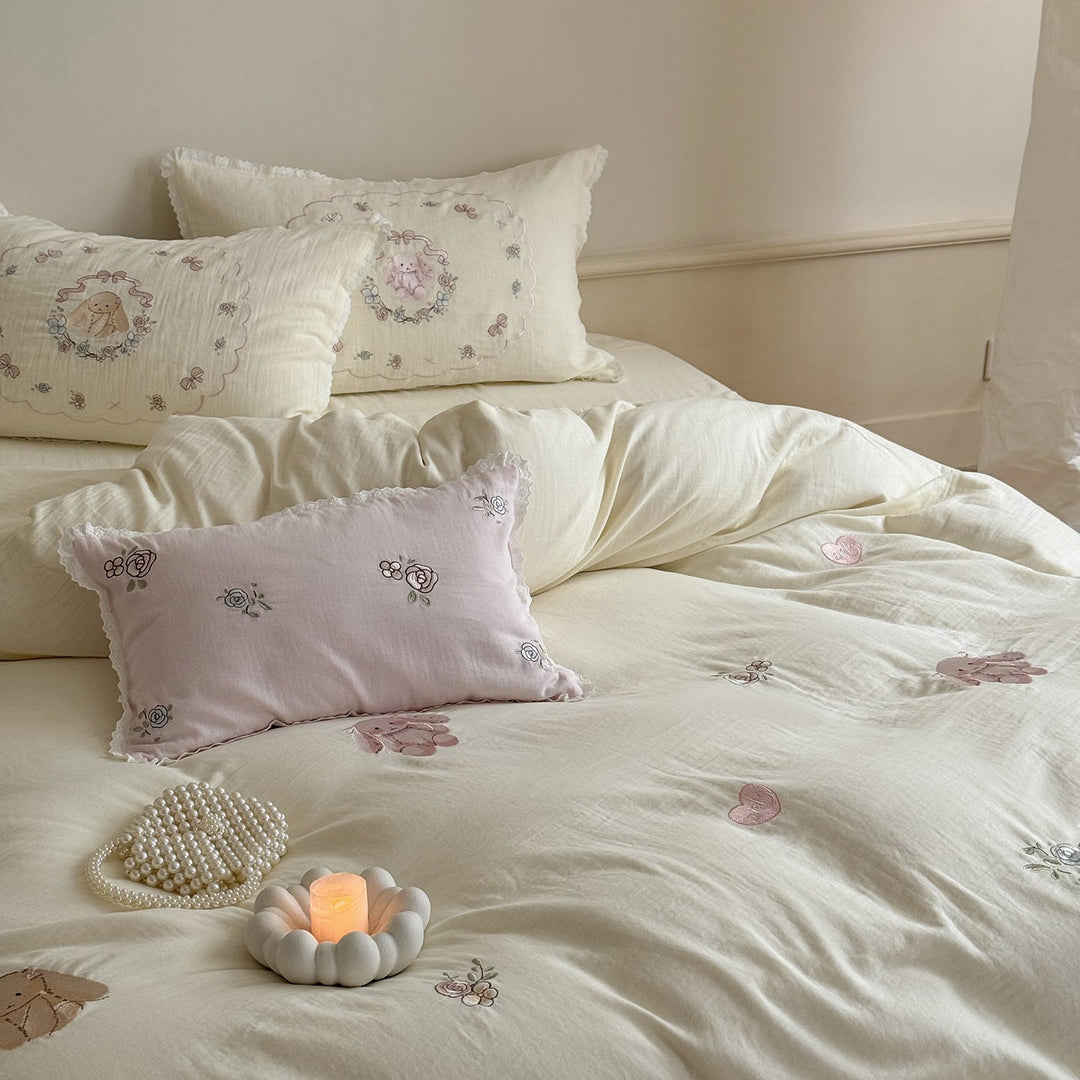 Baumwoll Bettwäsche-Set mit Rosenstickerei | Romantische Bettwäsche mit Vintage-Blumen und Volantkanten für Schlafzimmer