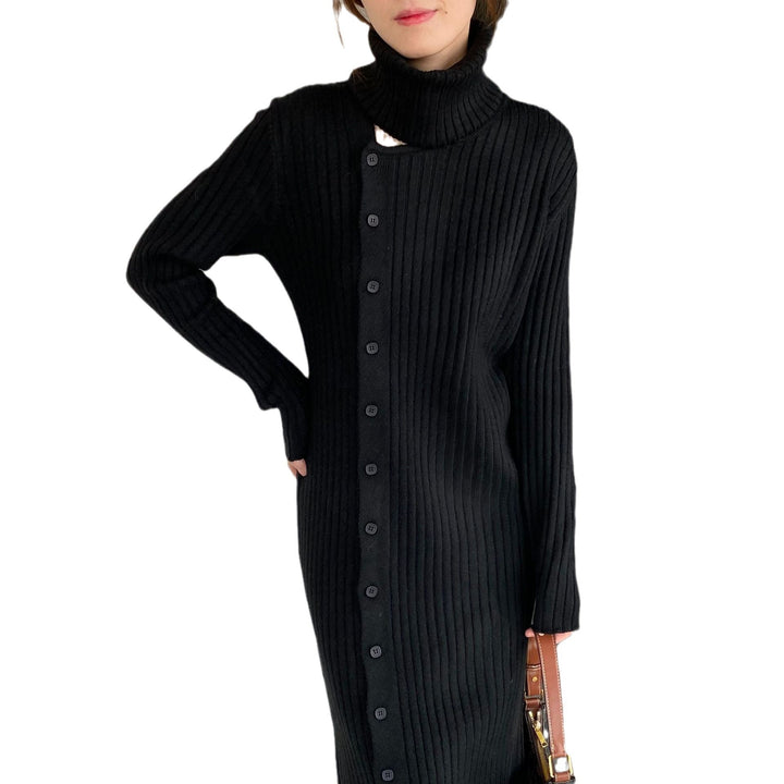 Damen Strickkleid mit hohem Kragen | Rippstrickkleid mit Knopfverschluss und weicher Strickstruktur für Alltag und Anlässe