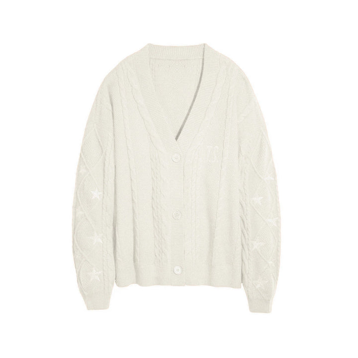Damen Grobstrick Cardigan mit Zopfmuster | Oversize-Strickjacke mit V-Ausschnitt, Sternstickereien und Knopfleiste