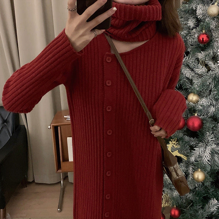 Damen Strickkleid mit hohem Kragen | Rippstrickkleid mit Knopfverschluss und weicher Strickstruktur für Alltag und Anlässe