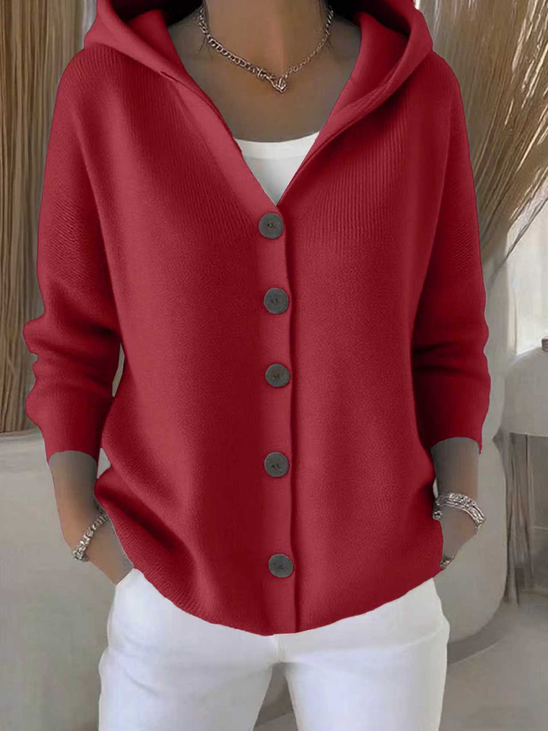 Damen Kapuzen-Cardigan Oversize | Weicher Feinstrick-Cardigan mit Knopfleiste, Eingrifftaschen und lässiger Passform