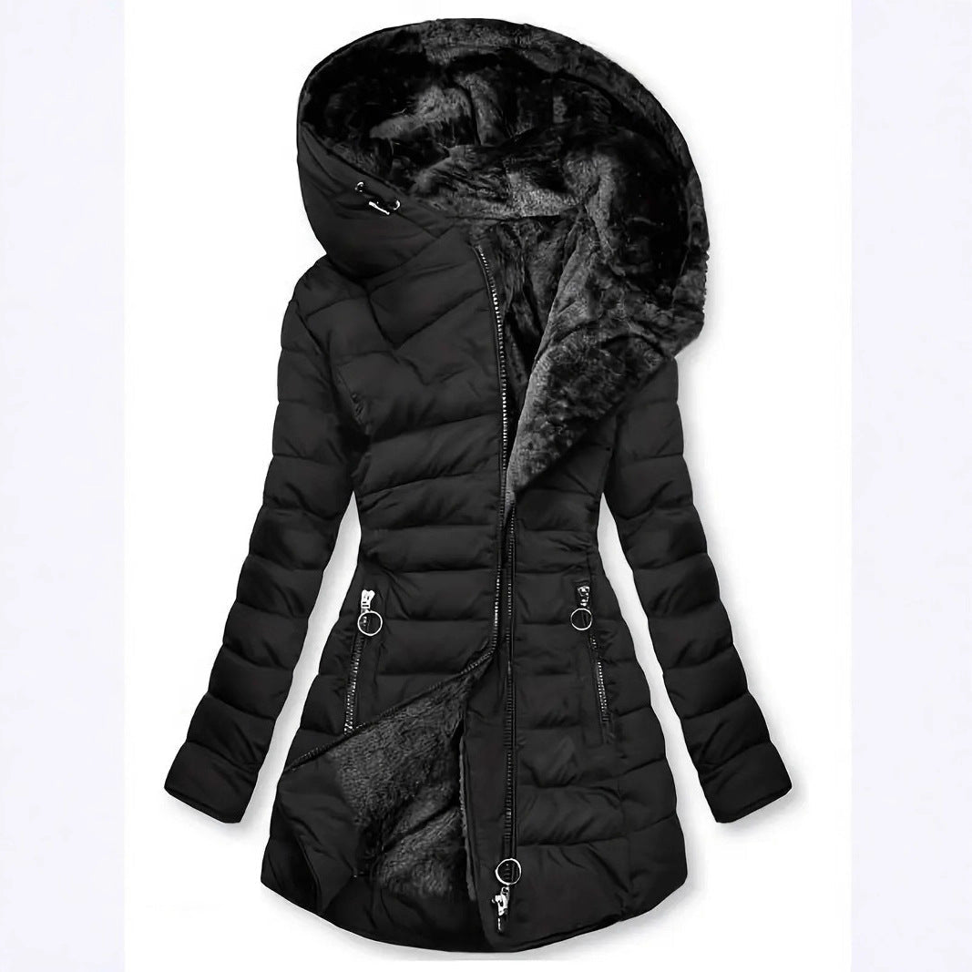 Damen lange Winterjacke mit weichem Innenfutter | Warm gefütterte Jacke mit Kapuze, taillierter Passform und Reißverschlusstaschen