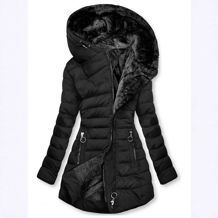 Damen lange Winterjacke mit weichem Innenfutter | Warm gefütterte Jacke mit Kapuze, taillierter Passform und Reißverschlusstaschen