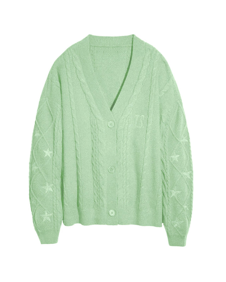 Damen Grobstrick Cardigan mit Zopfmuster | Oversize-Strickjacke mit V-Ausschnitt, Sternstickereien und Knopfleiste