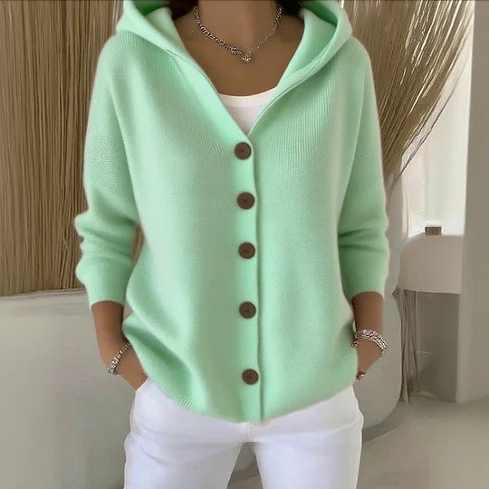 Damen Kapuzen-Cardigan Oversize | Weicher Feinstrick-Cardigan mit Knopfleiste, Eingrifftaschen und lässiger Passform