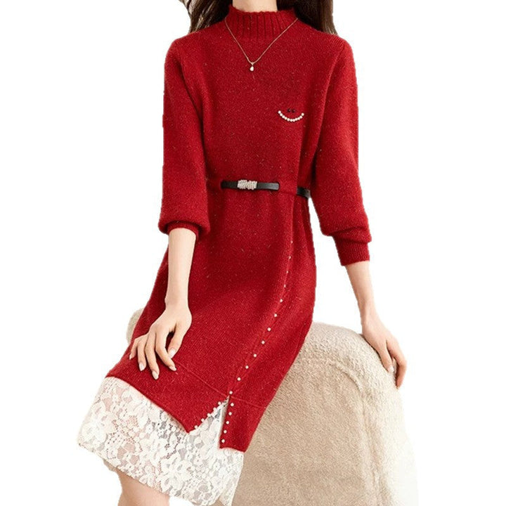 Damen Strickkleid aus Wolle mit Spitzensaum | Taillierbares Winterkleid mit Gürtel und hohem Kragen für Büro und Anlässe