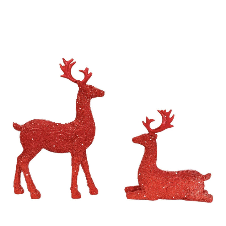Weihnachtsdeko Rentier 2er Set in Silber | Glitzernde Rentierfiguren aus Harz mit 30 cm und 15,5 cm Höhe für festliche Tischdeko