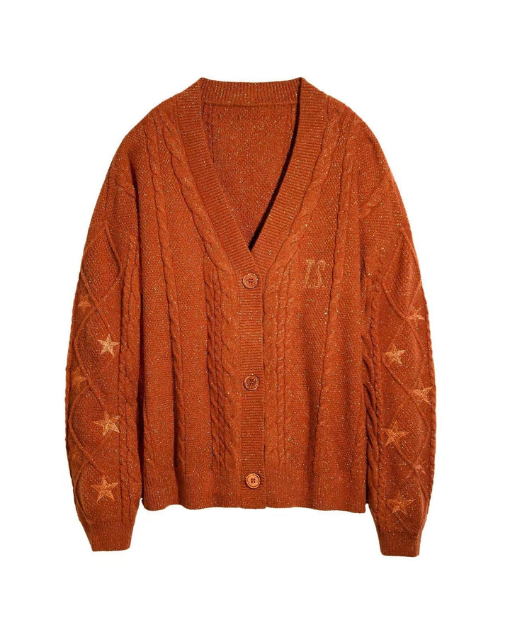 Damen Grobstrick Cardigan mit Zopfmuster | Oversize-Strickjacke mit V-Ausschnitt, Sternstickereien und Knopfleiste
