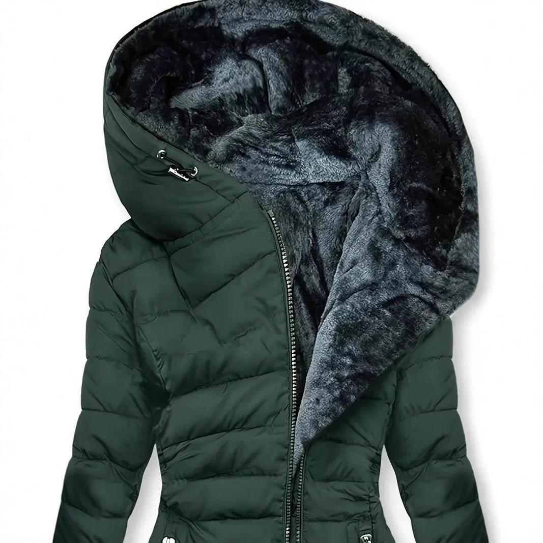 Damen lange Winterjacke mit weichem Innenfutter | Warm gefütterte Jacke mit Kapuze, taillierter Passform und Reißverschlusstaschen