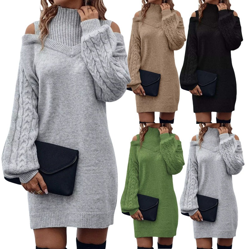 Damen Strickkleid mit Cut-Out Schultern | Grobstrickkleid mit hohem Kragen und lockerem Schnitt für Alltag und Abendlooks