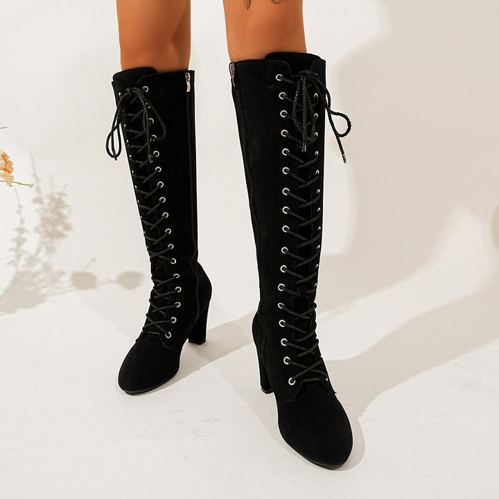 Overknee Stiefel Damen | Wildleder-Boots mit Schnürung, Absatz und innenliegendem Reißverschluss