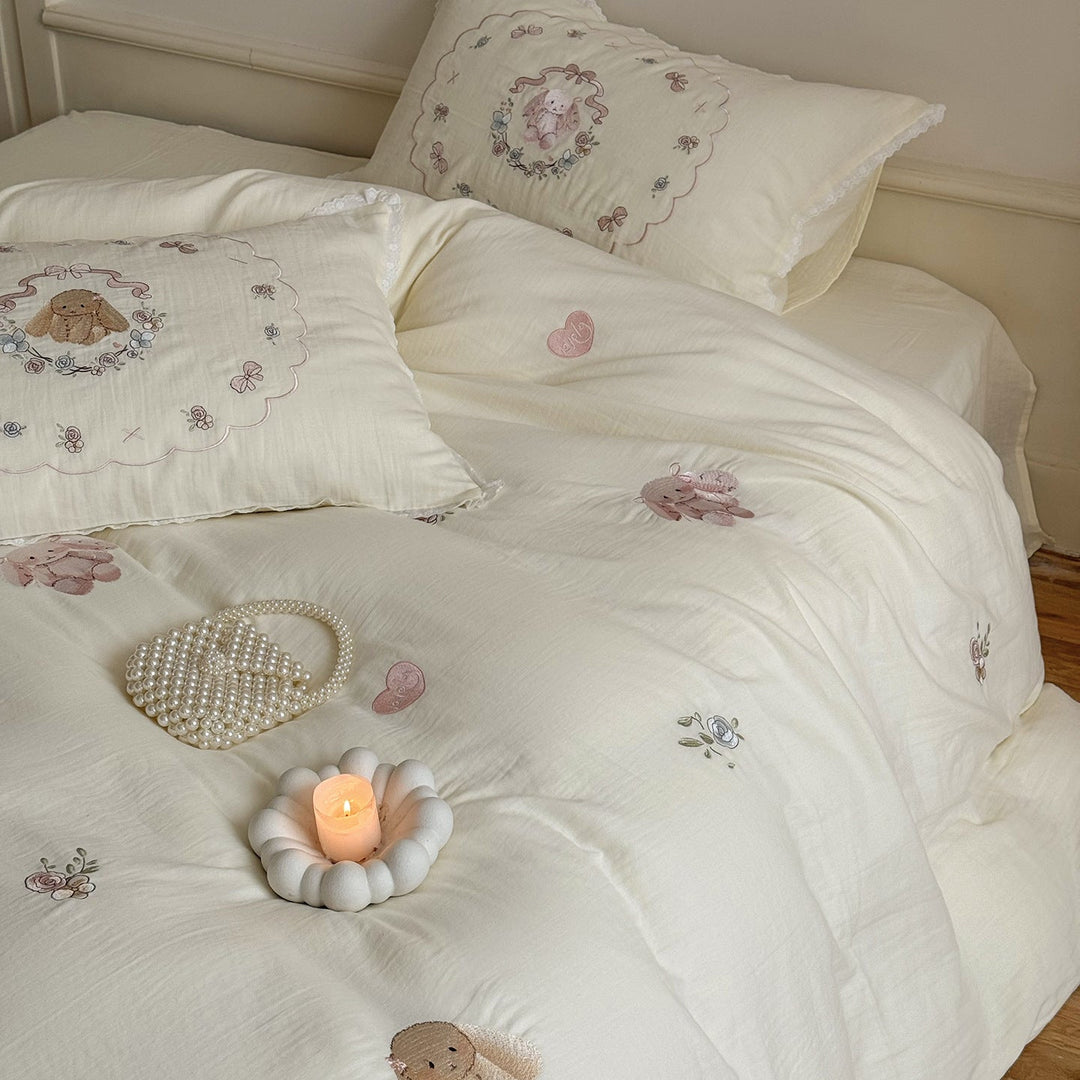 Baumwoll Bettwäsche-Set mit Rosenstickerei | Romantische Bettwäsche mit Vintage-Blumen und Volantkanten für Schlafzimmer