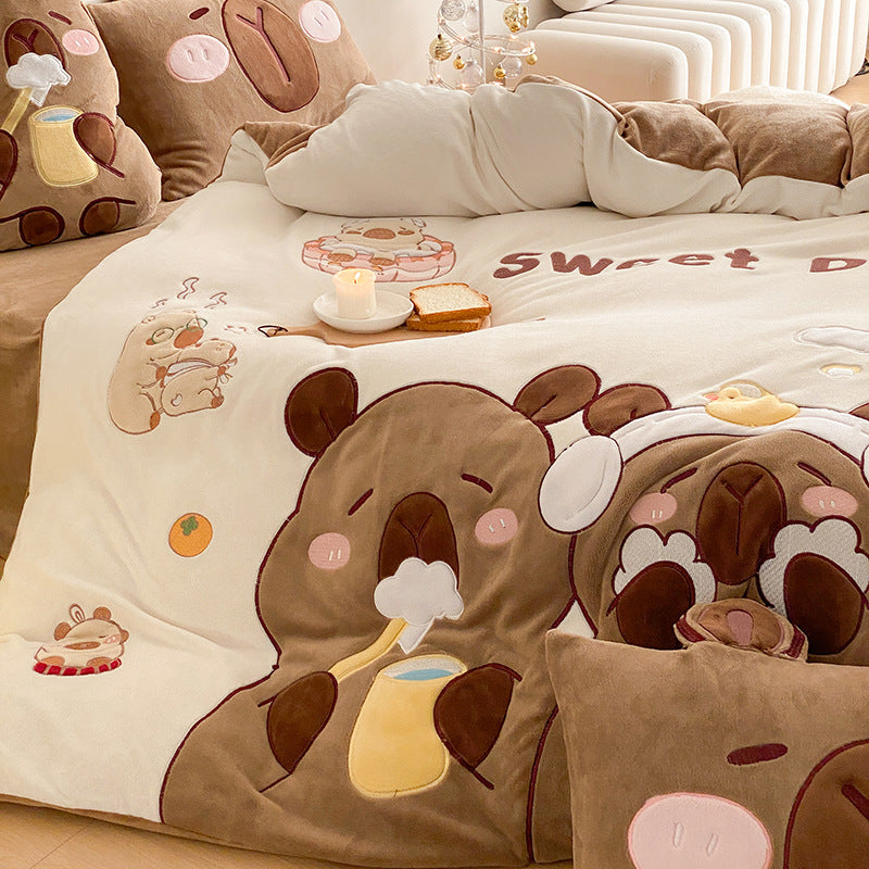 Flauschige Kinder Bettwäsche mit Teddy | Gesteppte Kuschelbettwäsche mit 3D-Bären-Applikationen und wärmender Füllung