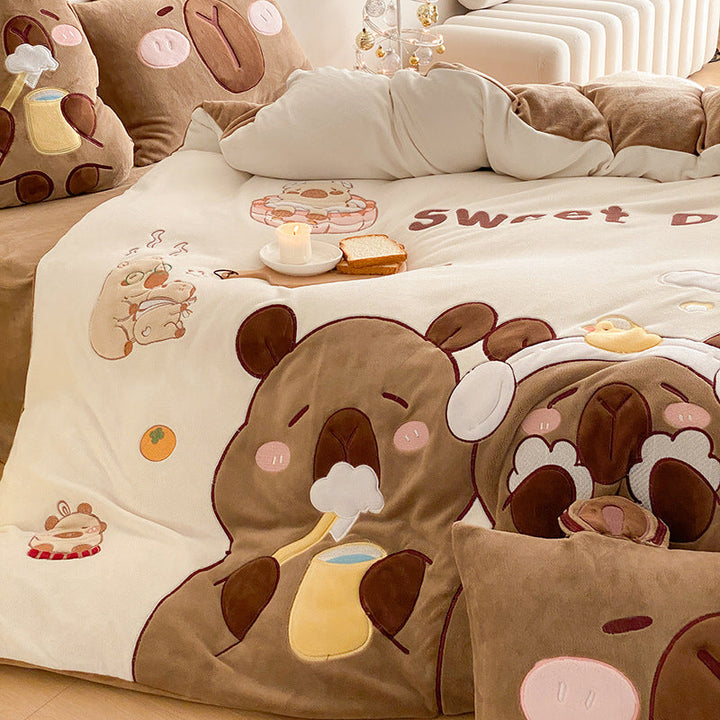 Flauschige Kinder Bettwäsche mit Teddy | Gesteppte Kuschelbettwäsche mit 3D-Bären-Applikationen und wärmender Füllung