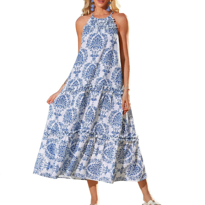 Felicity Boho Neckholder-Maxikleid mit Blumenprint | Stufiger, fließender Schnitt | Leicht &amp; atmungsaktiv für Sommer &amp; Urlaub