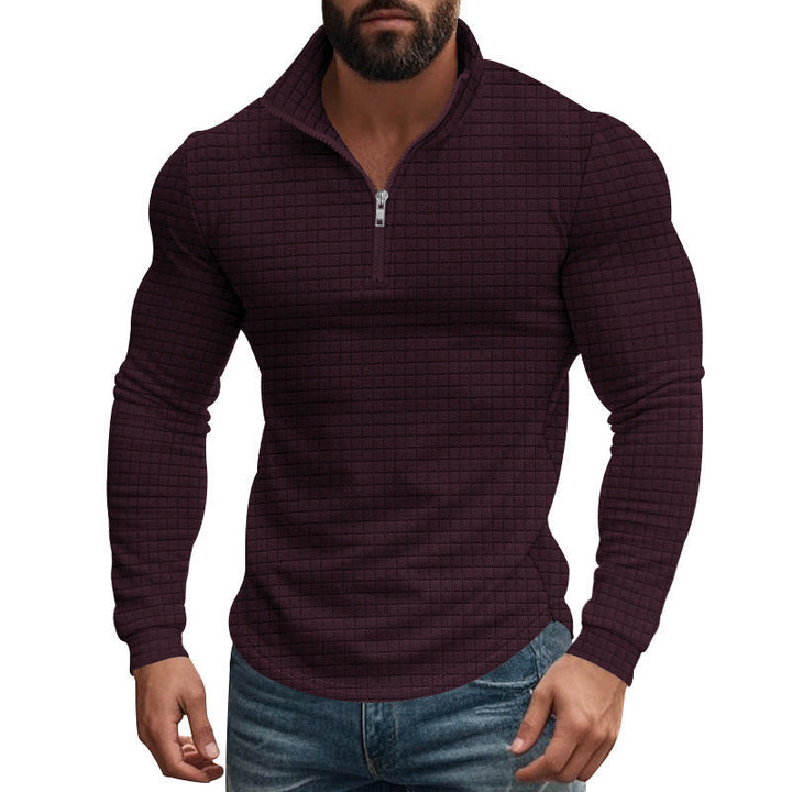 Herren Stehkragenpullover mit Reißverschluss | Strukturiertes Karomuster und atmungsaktiver Stoff für Büro, Alltag und Freizeit