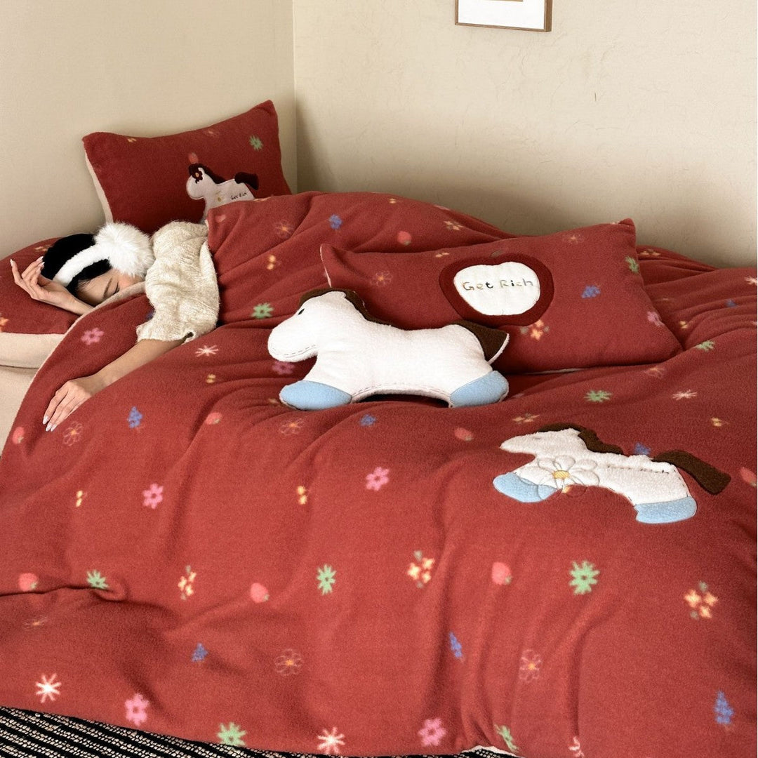 Mikrofaser-Fleece Bettwäsche-Set | Flauschige Bettwäsche mit Tier-Applikationen und gesteppter Rückseite für Kinderzimmer
