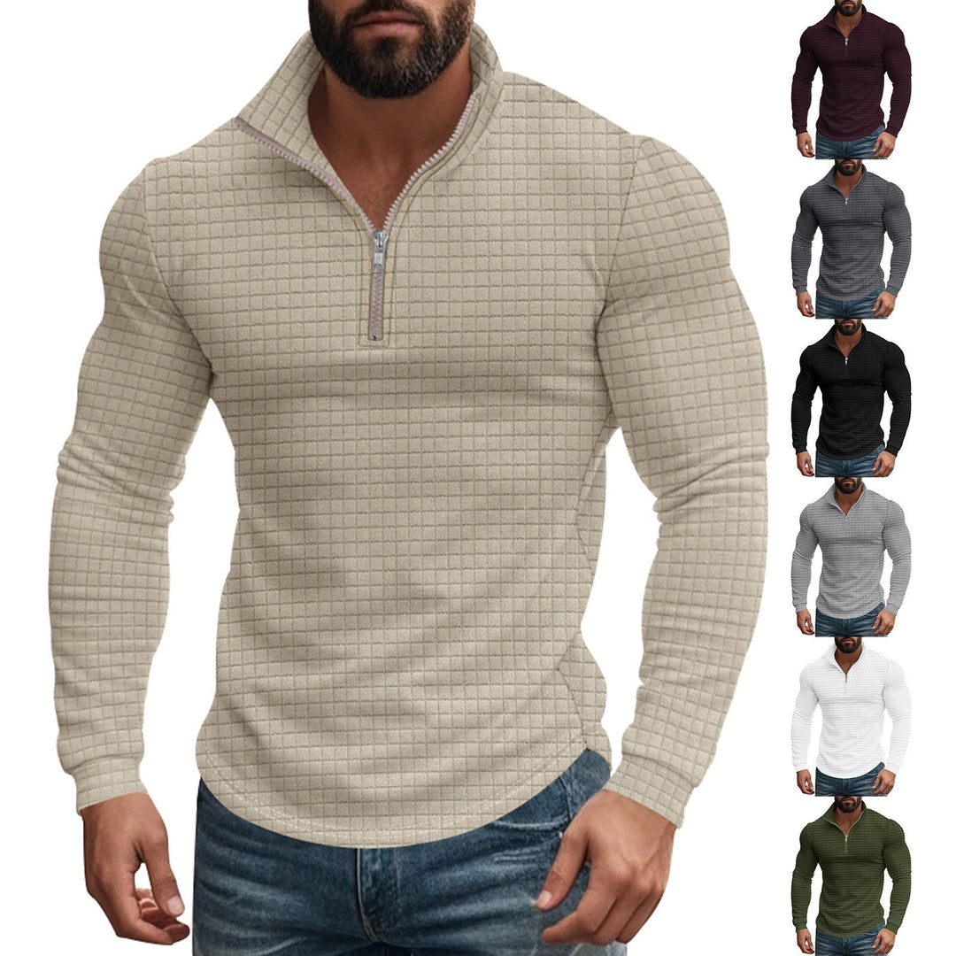 Herren Stehkragenpullover mit Reißverschluss | Strukturiertes Karomuster und atmungsaktiver Stoff für Büro, Alltag und Freizeit