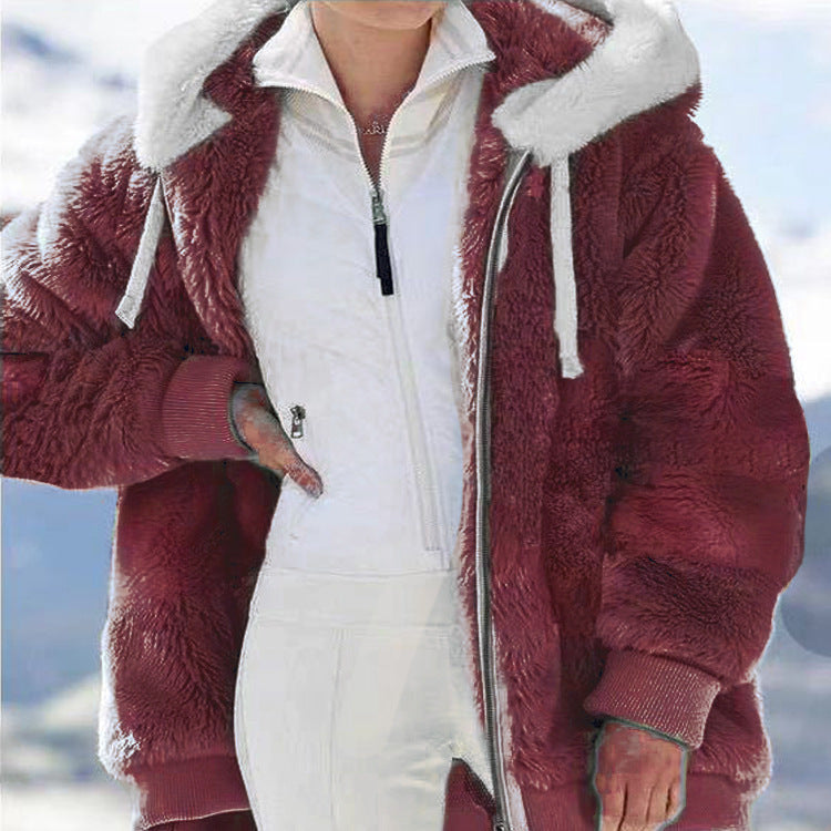Damen-Fleecejacke mit Kapuze | Warme Oversize-Jacke mit Teddyfutter, Reißverschluss und Seitentaschen