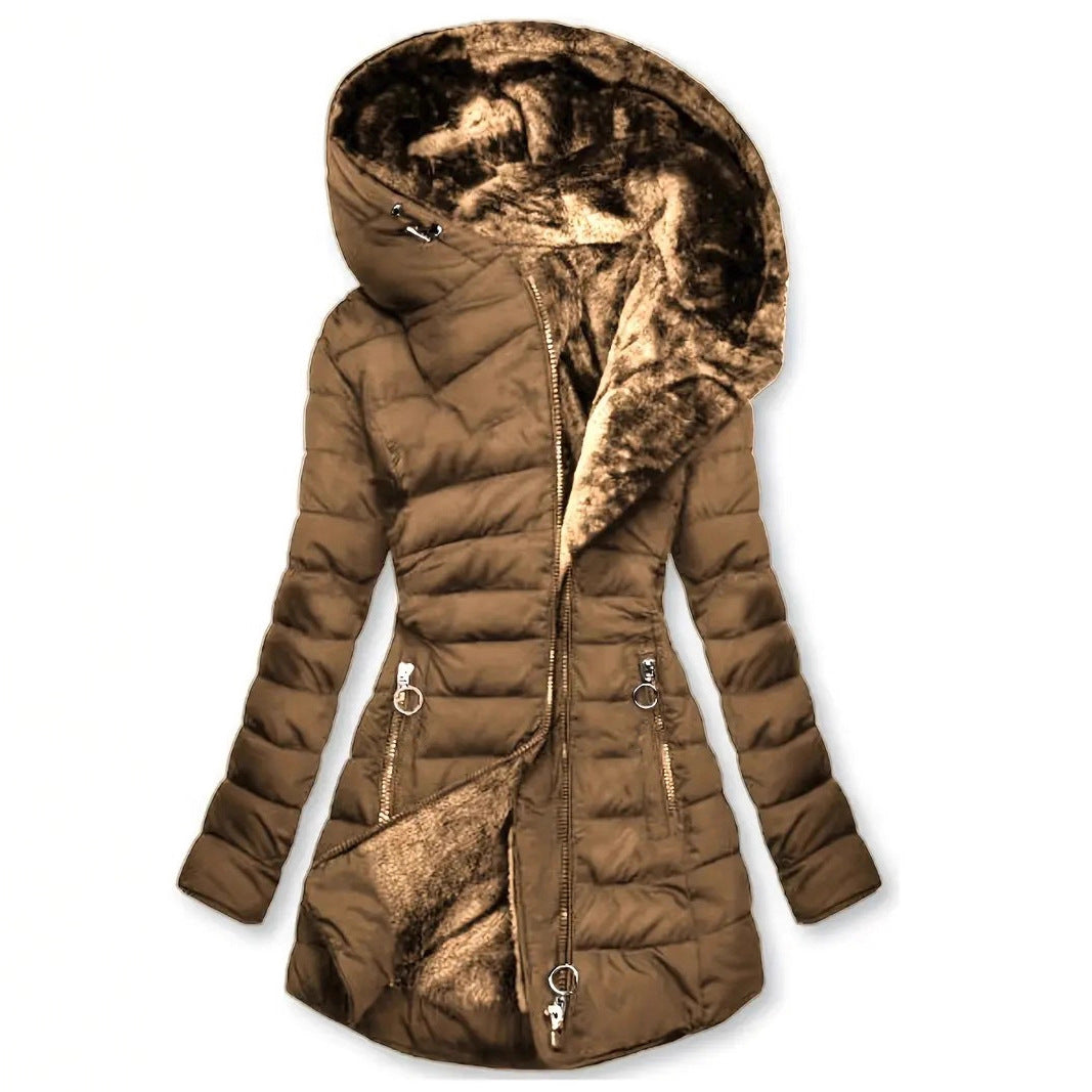 Damen lange Winterjacke mit weichem Innenfutter | Warm gefütterte Jacke mit Kapuze, taillierter Passform und Reißverschlusstaschen