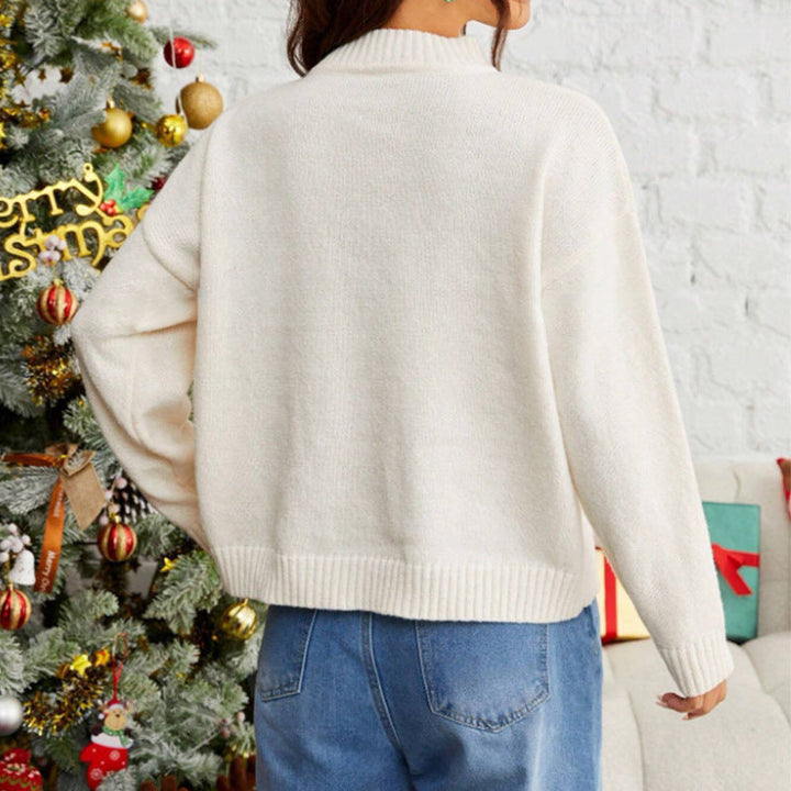 Damen Winterpullover mit Fair-Isle-Muster | Warmer Pullover mit hohem Kragen in Rot, Schwarz und Blau für festliche Winterlooks