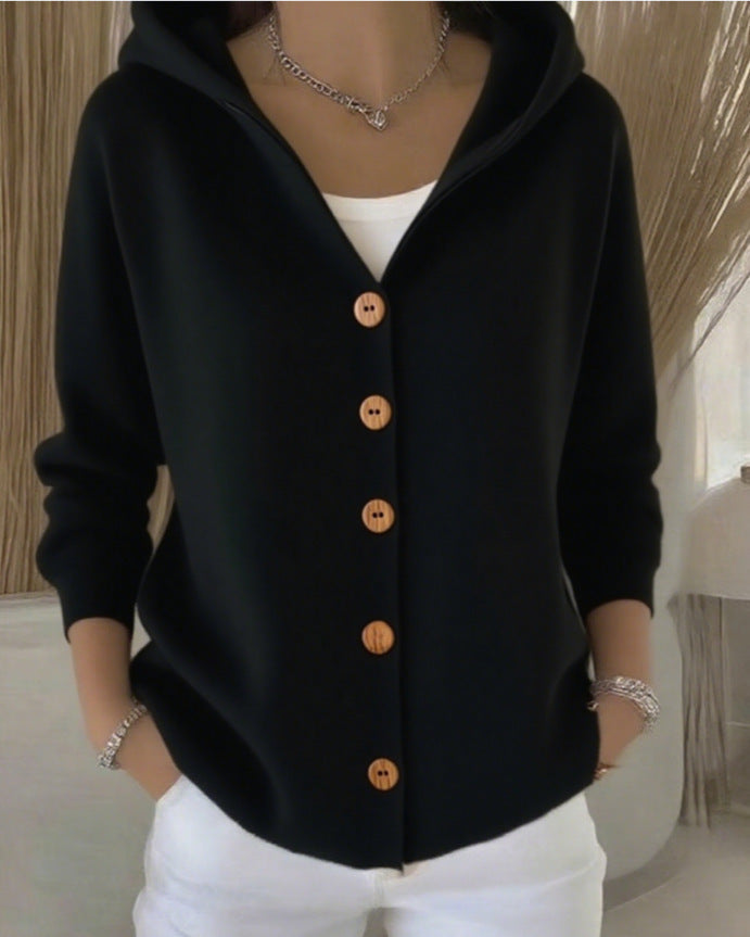 Damen Kapuzen-Cardigan Oversize | Weicher Feinstrick-Cardigan mit Knopfleiste, Eingrifftaschen und lässiger Passform