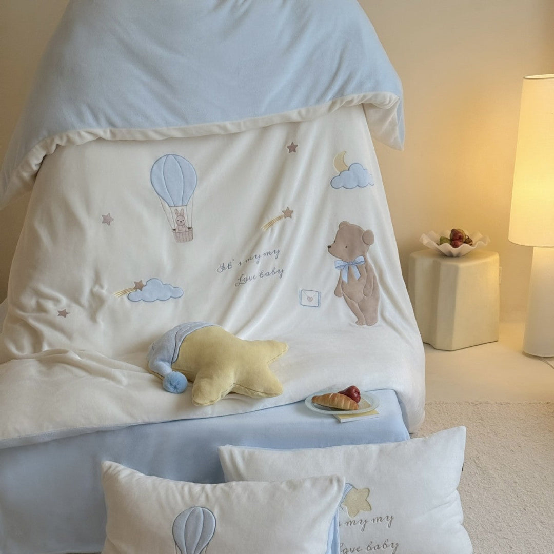 Kinder Bettwäsche aus Baumwolle | Bettwäsche-Set mit Teddybär, Heißluftballon und bestickten Sternen für Jungen und Mädchen