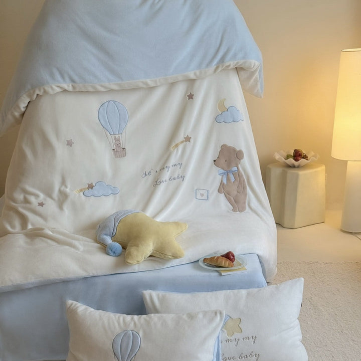 Kinder Bettwäsche aus Baumwolle | Bettwäsche-Set mit Teddybär, Heißluftballon und bestickten Sternen für Jungen und Mädchen