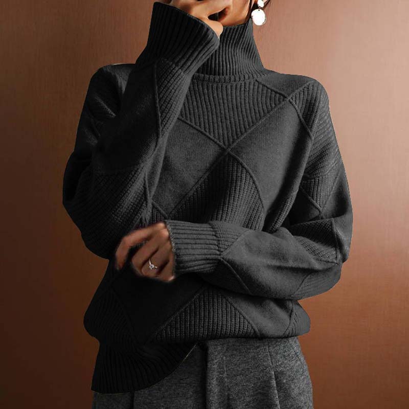 Damen Strickpullover mit hohem Kragen | Warmer Winterpullover mit strukturiertem geometrischem Muster für moderne Winterlooks