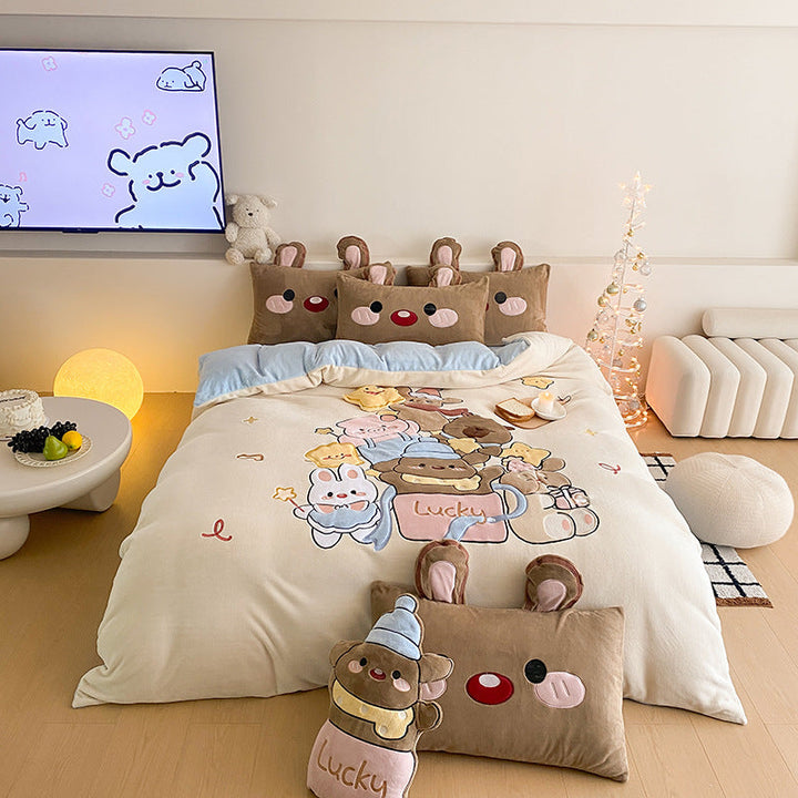 Flauschige Kinder Bettwäsche mit Teddy | Gesteppte Kuschelbettwäsche mit 3D-Bären-Applikationen und wärmender Füllung