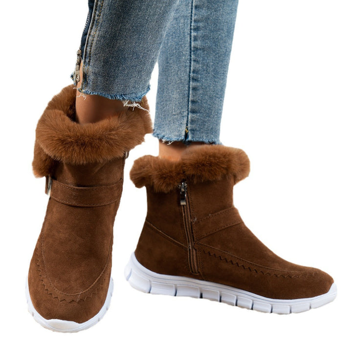Damen Winterstiefeletten warm gefüttert | Kurzstiefel in Velourslederoptik mit Kunstfellbesatz, Reißverschluss und Profilsohle