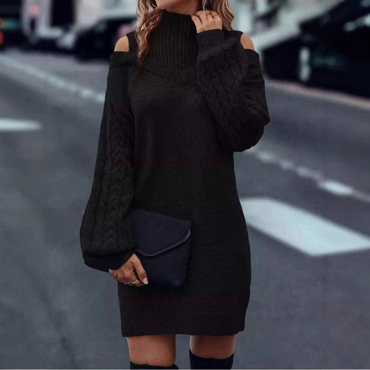 Damen Strickkleid mit Cut-Out Schultern | Grobstrickkleid mit hohem Kragen und lockerem Schnitt für Alltag und Abendlooks