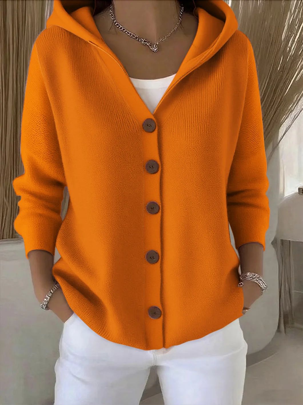 Damen Kapuzen-Cardigan Oversize | Weicher Feinstrick-Cardigan mit Knopfleiste, Eingrifftaschen und lässiger Passform