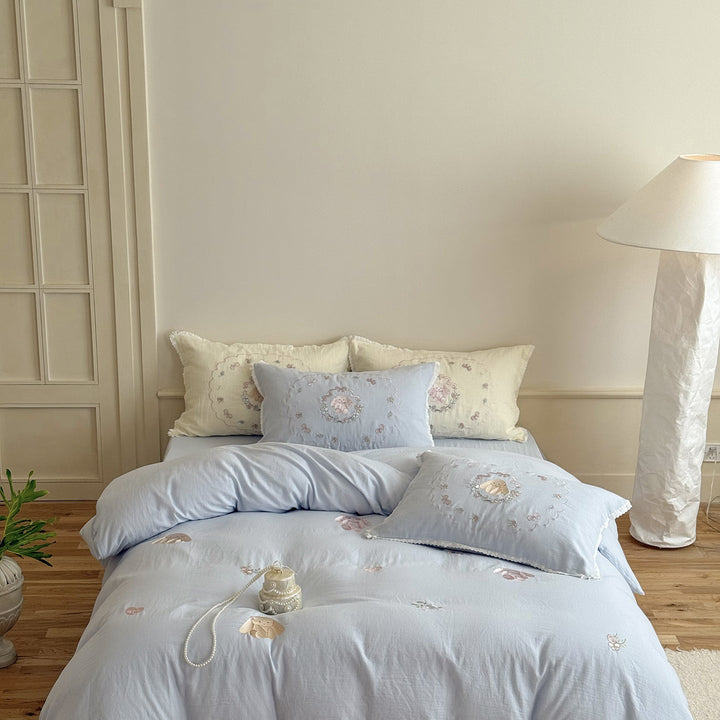Baumwoll Bettwäsche-Set mit Rosenstickerei | Romantische Bettwäsche mit Vintage-Blumen und Volantkanten für Schlafzimmer