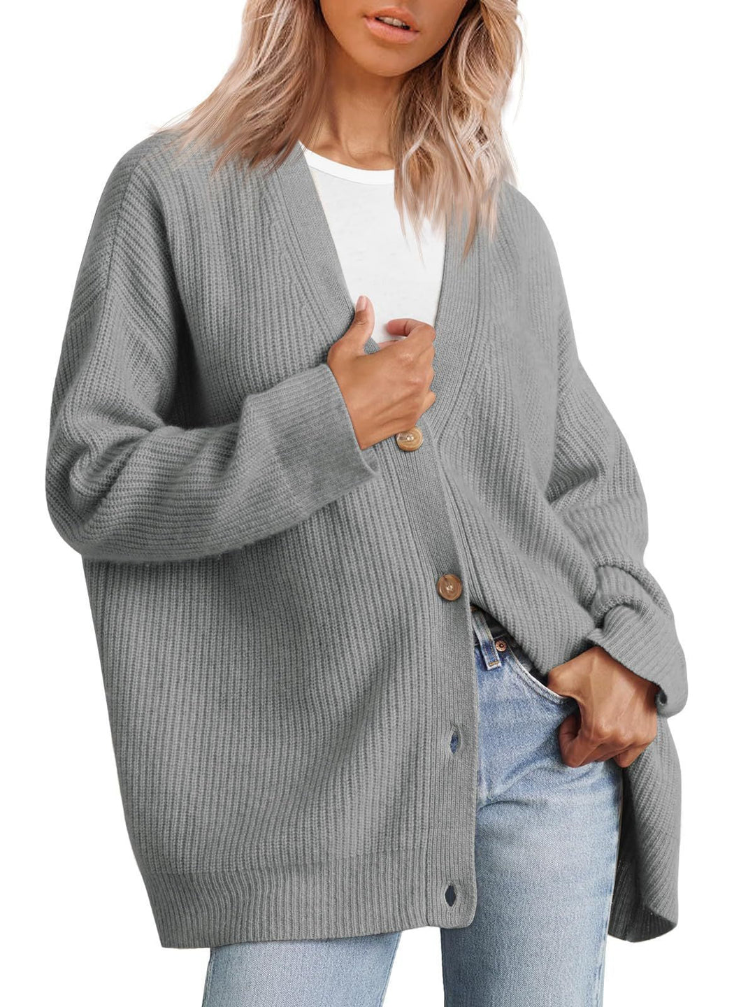 Damen Oversize Strickjacke mit Knopfleiste | Lockerer Cardigan mit V-Ausschnitt, langen Ärmeln und geradem Saum