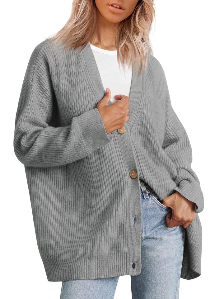 Damen Oversize Strickjacke mit Knopfleiste | Lockerer Cardigan mit V-Ausschnitt, langen Ärmeln und geradem Saum