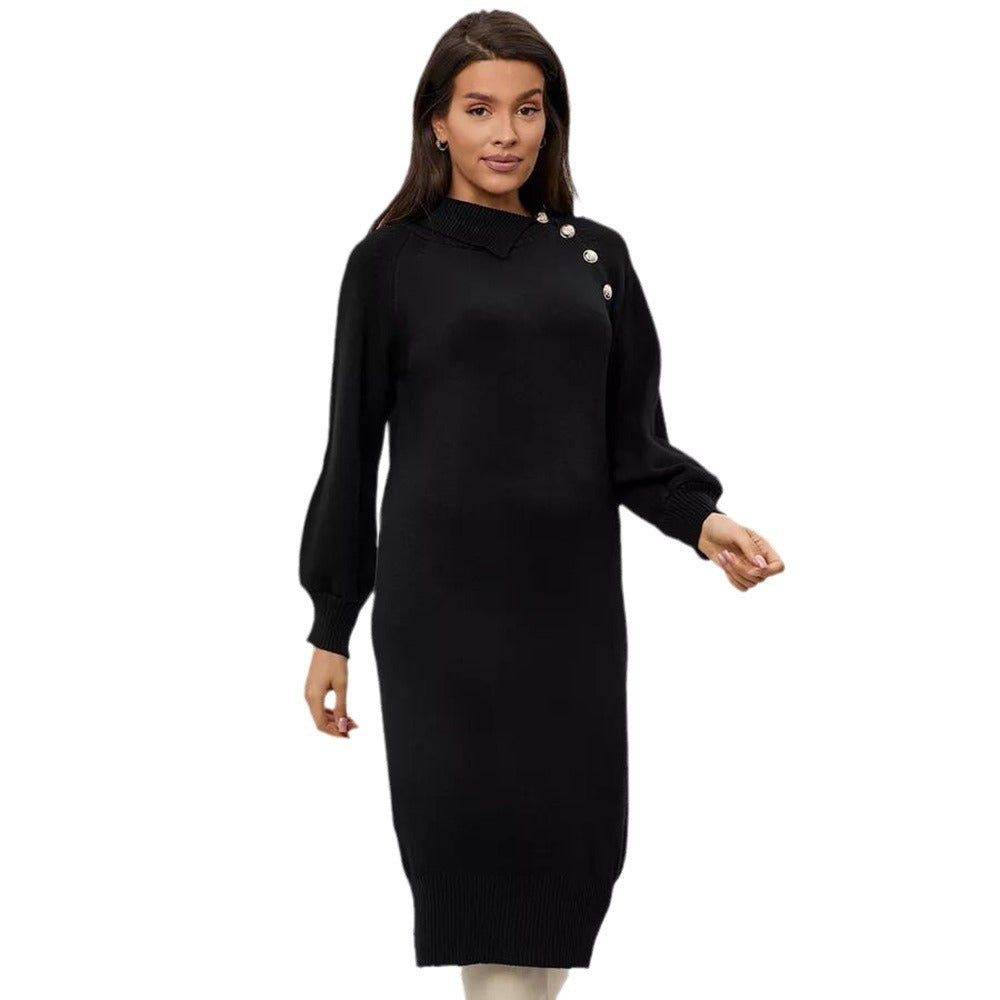 Damen Strickkleid mit Gürtel | Taillierbares Winterkleid mit Schulterknöpfen und lockeren Ärmeln für Alltag und besondere Anlässe