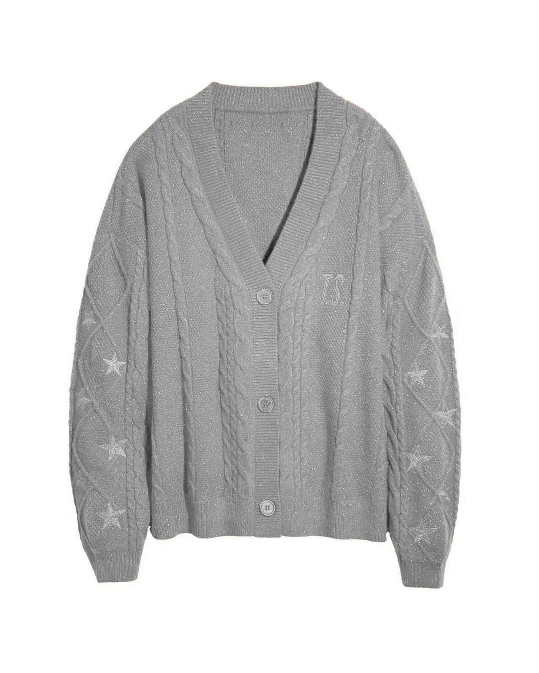 Damen Grobstrick Cardigan mit Zopfmuster | Oversize-Strickjacke mit V-Ausschnitt, Sternstickereien und Knopfleiste