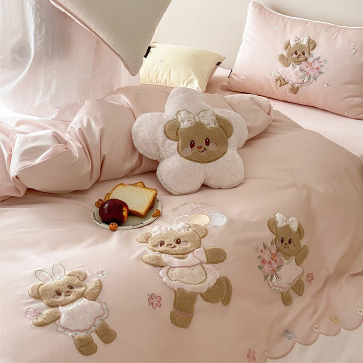 Kinder Bettwäsche aus Baumwollsatin | Bettwäsche-Set mit gestickten Teddybär-Applikationen und seidig-weicher Oberfläche