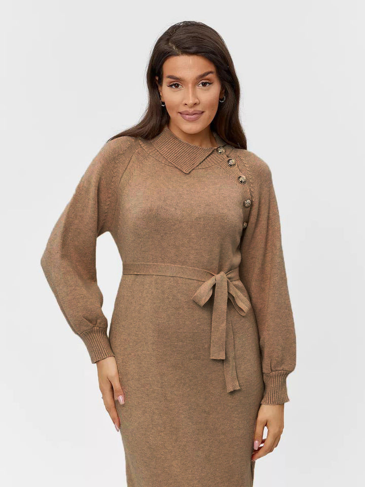 Damen Strickkleid mit Gürtel | Taillierbares Winterkleid mit Schulterknöpfen und lockeren Ärmeln für Alltag und besondere Anlässe