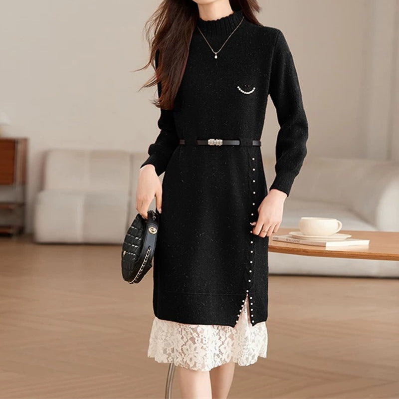 Damen Strickkleid aus Wolle mit Spitzensaum | Taillierbares Winterkleid mit Gürtel und hohem Kragen für Büro und Anlässe