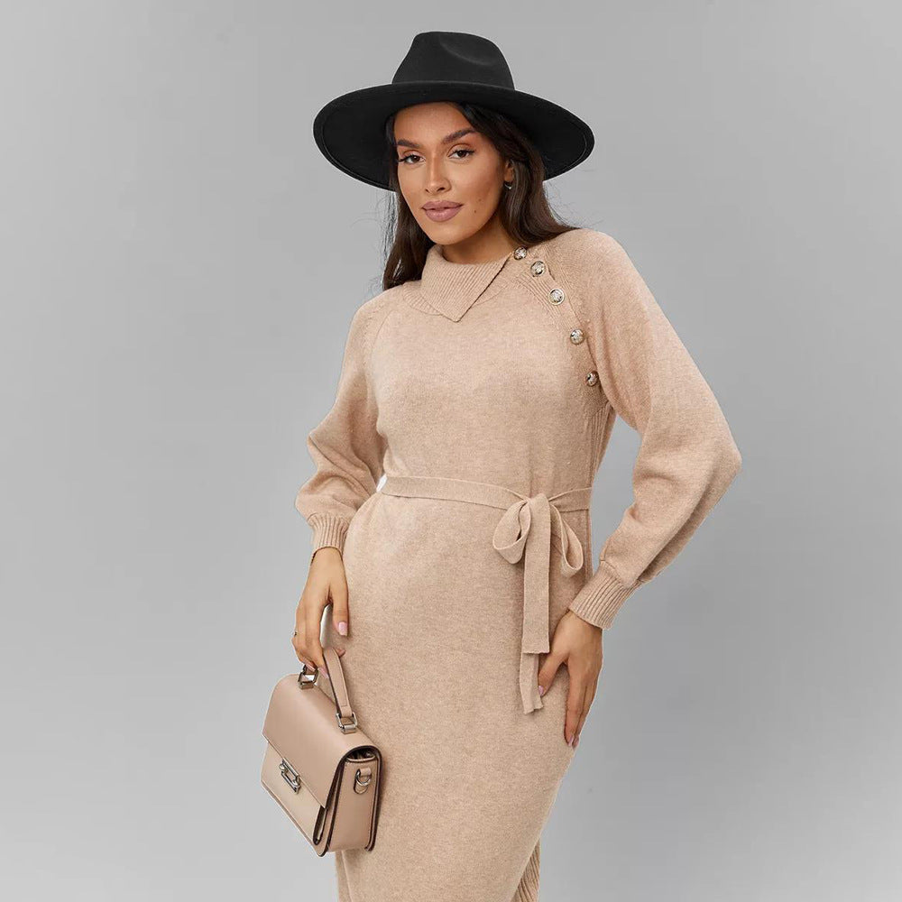 Damen Strickkleid mit Gürtel | Taillierbares Winterkleid mit Schulterknöpfen und lockeren Ärmeln für Alltag und besondere Anlässe