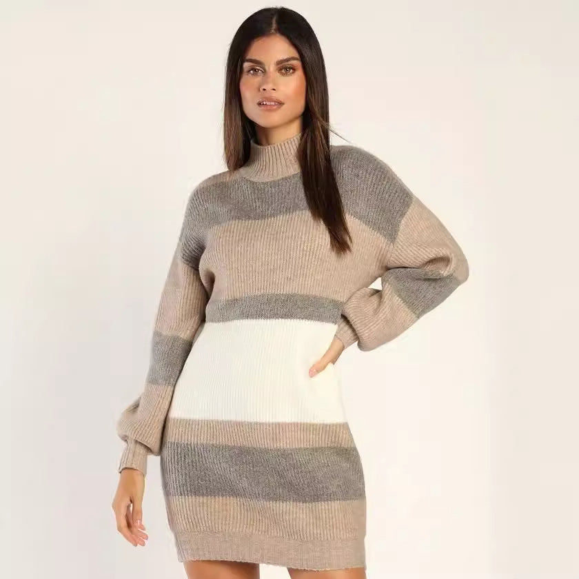 Damen Strickkleid mit Rollkragen | Figurbetontes Winterkleid mit Streifenmuster für Alltag, Büro und besondere Anlässe
