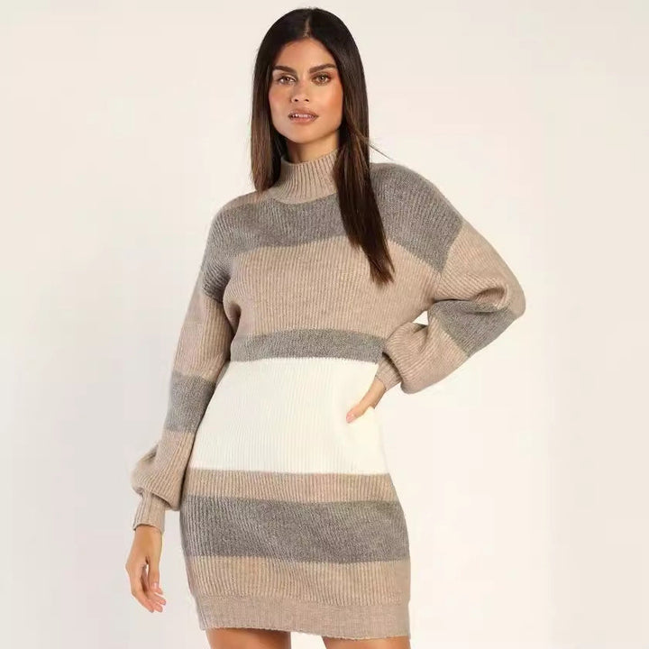 Damen Strickkleid mit Rollkragen | Figurbetontes Winterkleid mit Streifenmuster für Alltag, Büro und besondere Anlässe