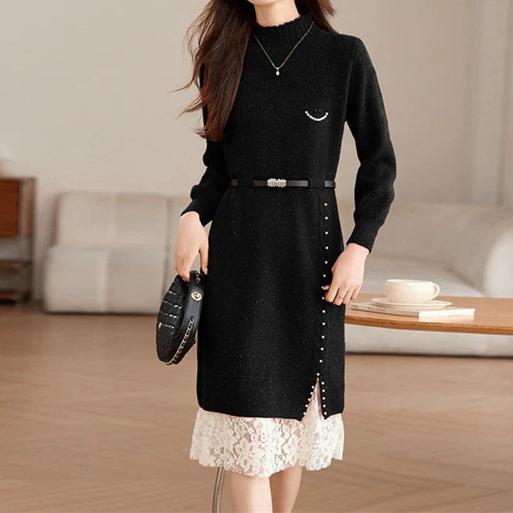 Damen Strickkleid aus Wolle mit Spitzensaum | Taillierbares Winterkleid mit Gürtel und hohem Kragen für Büro und Anlässe
