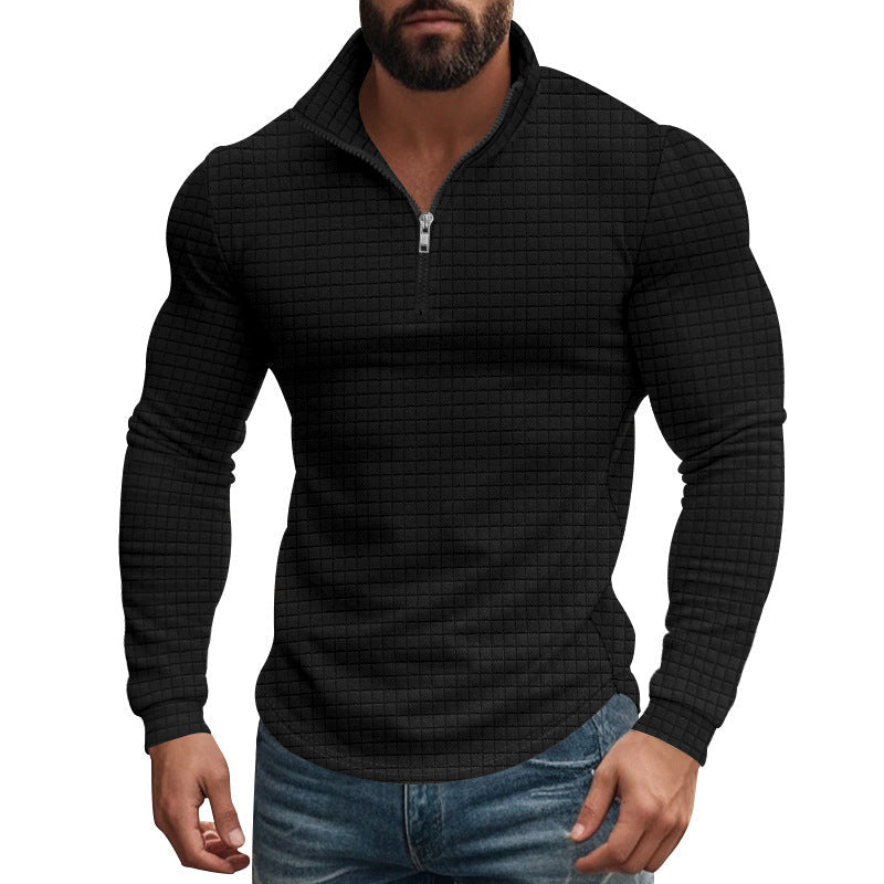 Herren Stehkragenpullover mit Reißverschluss | Strukturiertes Karomuster und atmungsaktiver Stoff für Büro, Alltag und Freizeit