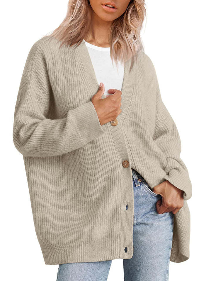 Damen Oversize Strickjacke mit Knopfleiste | Lockerer Cardigan mit V-Ausschnitt, langen Ärmeln und geradem Saum