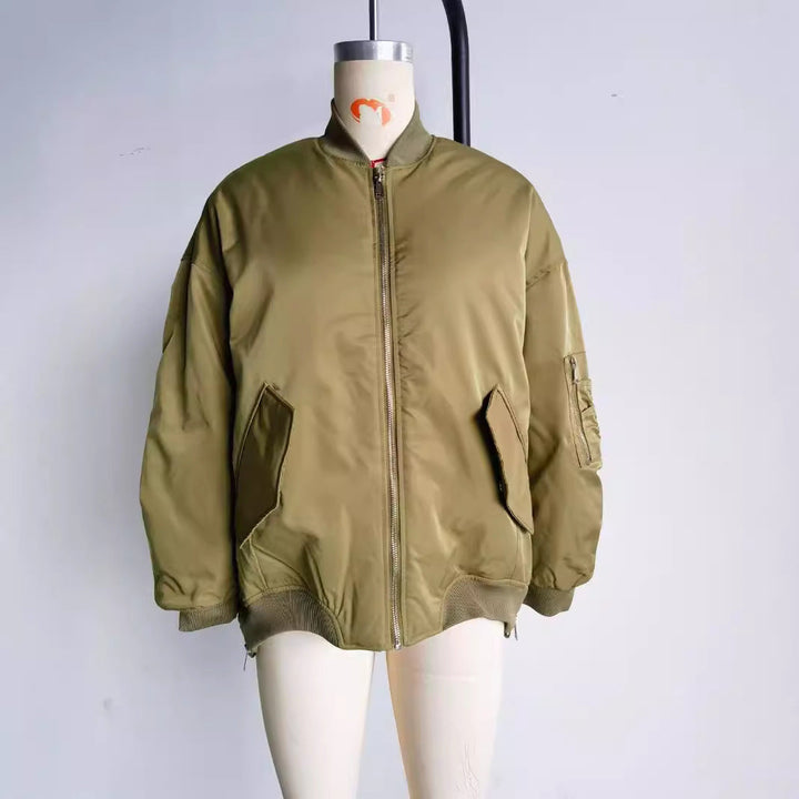 Damen Oversize Bomberjacke mit Taschen | Wasserabweisende Übergangsjacke mit warmem Innenfutter und Reißverschluss